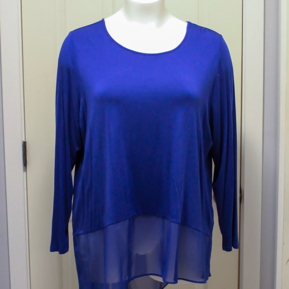 Cable and Gauge Royal Blue Long Sleeve Blouse Top With Sheer Bottom In Plus Size